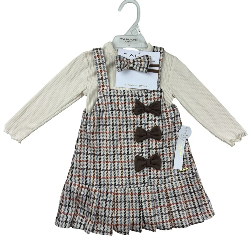 Tahari Baby Girl 3pc Long Sleeve Dress Bow Matching Set Houndstooth Size 12M